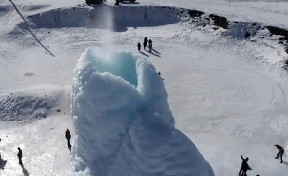 Interesting news: here the ice volcano is 45 feet high, the boiling water comes out