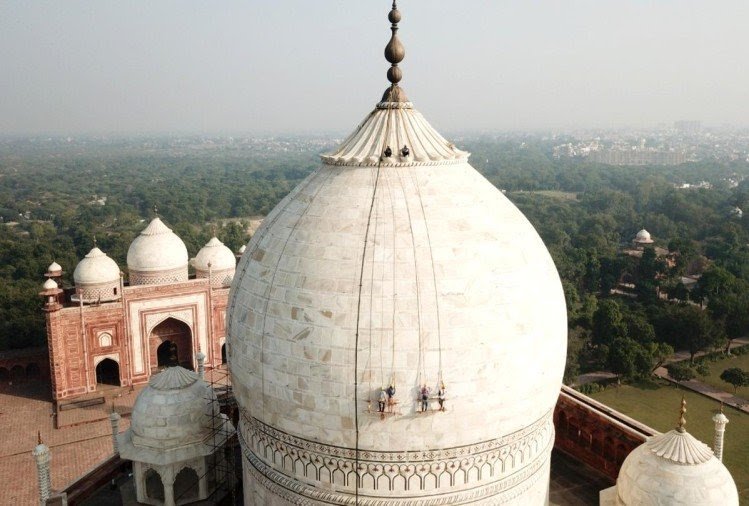Work continues to protect the main dome of the Taj Mahal at a height of 239 feet