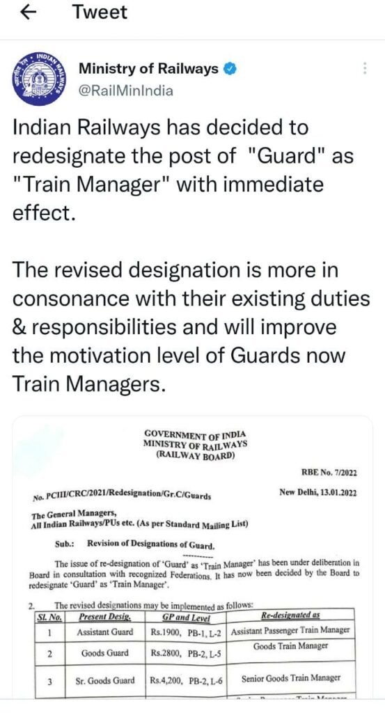 Guard's post in Indian Railway has been renamed as Train Manager, Pay Scale has also been released.